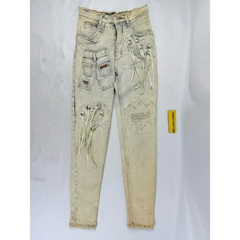 Vintage 90s Acid Stonewashed Jeans Speed Denim Sz 3/4 Frayed Patch Stretch 80s